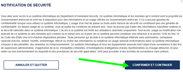 ESTA notification de sécurité