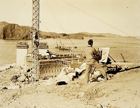 Ray Strong painting the Golden Gate Bridge 1934