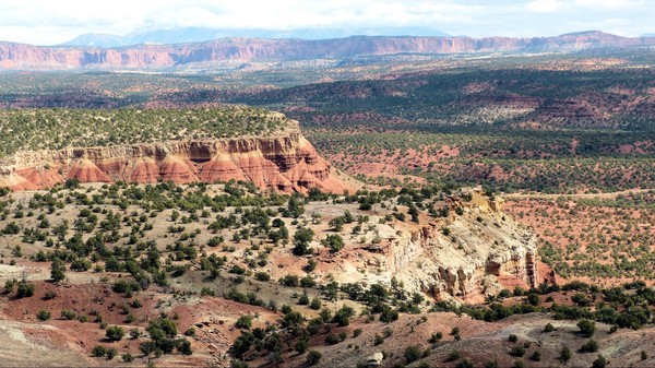 Les contreforts des Circle Cliffs, en arrière plan les paysages rouges et verdoyants de Capitol Reef National Park, au loin vers l’infini les Henry Mountains.