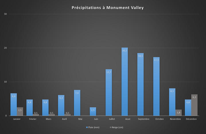 Précipitations annuelles de pluie et de neige à Monument Valley