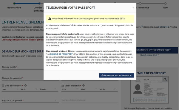 ESTA téléchargement du passeport