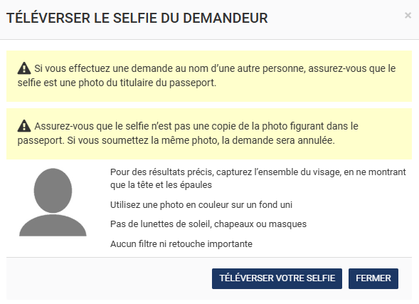 ESTA téléverser le selfie du demandeur