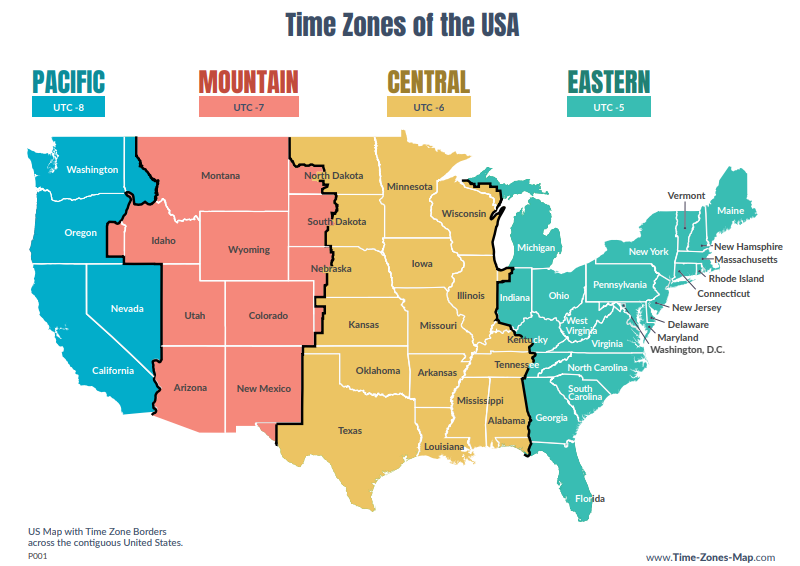 Carte des fuseaux horaires aux USA