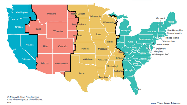 Carte fuseaux horaires USA