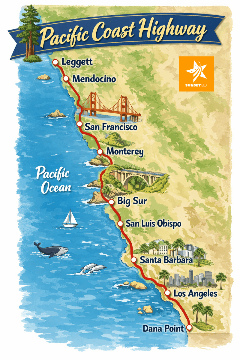 Carte illustrée de la Pacific Coast Highway
