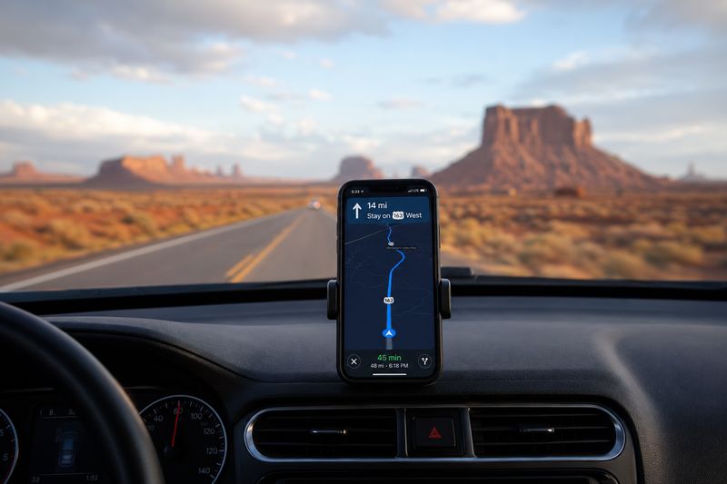 Smartphone affichant un GPS sur le tableau de bord d'un SUV, vue sur une route de l'Ouest américain